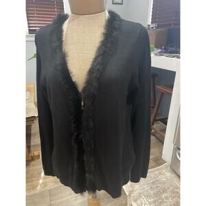 Cricket Lane Collection Black Zip Up Cardigan With Rabbit Fur Trim M Vtg 90s